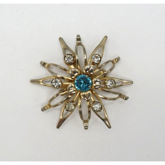 Vintage Starburst Brooch Blue Clear Rhinestones 2" Gold Tone Prong Settings - Picture 1 of 16